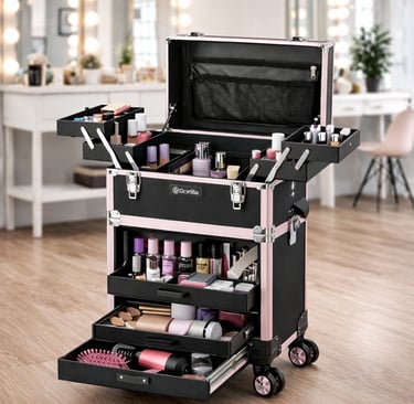 Rolling black and pink makeup train case with multiple pull-out trays and drawers, filled with cosme
