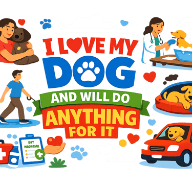 Illustration of pet care activities featuring dog grooming, walking, and veterinary checkups.