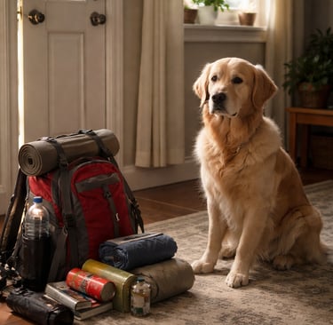 Golden Retriever sitting by a packed hiking backpack and camping gear near a home doorway.