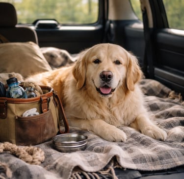 Golden Retriever dog relaxing in a car trunk on a blanket with travel gear for a road trip.