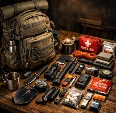 Survival gear layout with tactical backpack, first aid kit, axe, and emergency food rations on a wooden table.