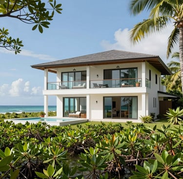 A sleek eco-villa nestled among lush tropical greenery with ocean glimpses.
