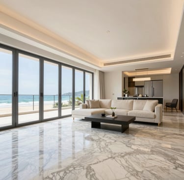 Modern villa exterior featuring sustainable wood and stone materials.