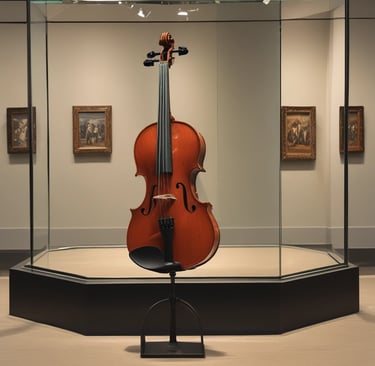 An intermediate professional-grade violin displayed on a minimalist black stand against a soft white background, showcasing its elegant design.