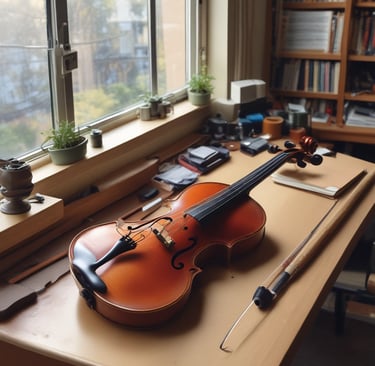 A mentor guiding a student’s hand on the violin fingerboard in a warmly lit room.