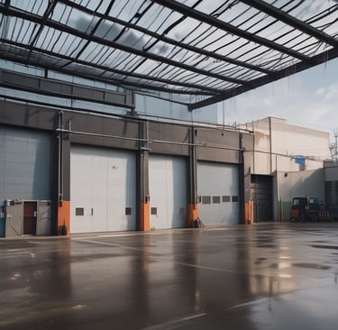 Exterior shot of a commercial building housing car washes in Bucharest.