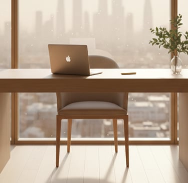 Minimalist wooden desk with a laptop and potted plant in a high-rise office with a city view.
