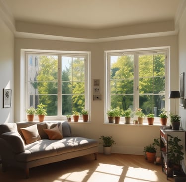 A caregiver helping a resident with mobility exercises in a bright, welcoming living room.