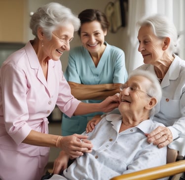 a woman in a white shirt is hugging her mother