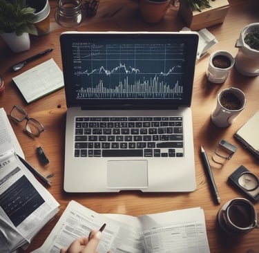 A cozy workspace with a laptop, notebook, and a cup of coffee, symbolizing focused financial learning.