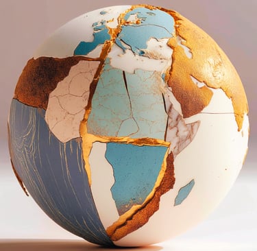 Kintsugi-style earth globe art piece with cracked textures and gold leaf repairs.