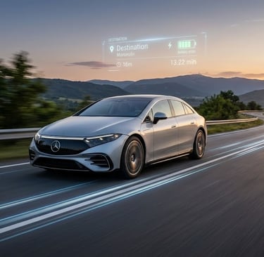 Vision futuriste du convoyage automobile avec interface digitale et voiture électrique en mouvement.