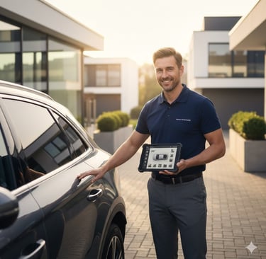 Chauffeur professionnel Convoi-RM effectuant le départ d'un convoyage de voiture à domicile.