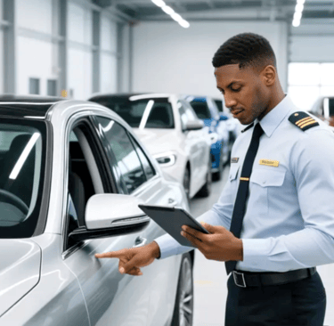 Chauffeur effectuant un état des lieux numérique sur tablette avant le convoyage d'un véhicule 