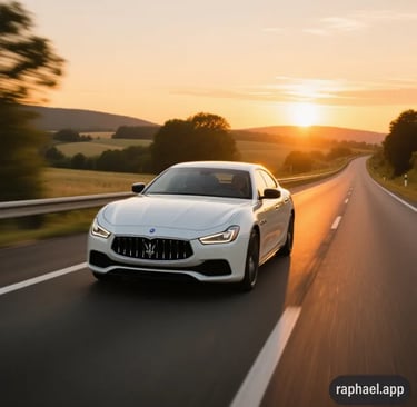 Voiture premium roulant sur une autoroute au coucher du soleil lors d'un convoyage longue distance