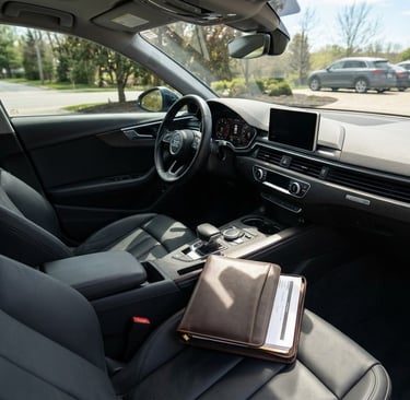 Intérieur de voiture rangé et dossier administratif prêt pour un convoyage sécurisé