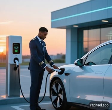 Convoyeur branchant une voiture électrique sur une borne de recharge rapide lors d'une livraison