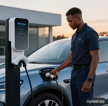 Convoyeur branchant une voiture électrique sur une borne de recharge rapide lors d'une livraison