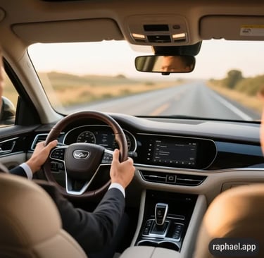 Vue depuis l'habitacle montrant les mains d'un chauffeur sur le volant, conduite sécurisée.