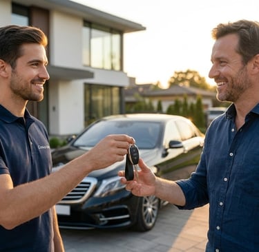 Convoyeur professionnel expliquant les options technologiques à un client lors de la livraison