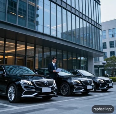 Alignement de voitures de société noires devant des bureaux,service gestion de flotte et logistique