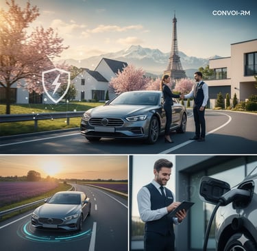 Bannière de service de convoyage de voiture premium sur les routes de France.