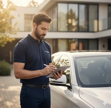 Convoyeur professionnel Convoi-RM effectuant un état des lieux avant un transfert de véhicule.