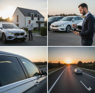 Voiture sur une autoroute lors d'un convoyage longue distance. Convoyeur remettant les clés 