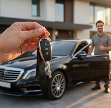 Client heureux tenant les clés de sa voiture de luxe après une livraison à domicile réussie