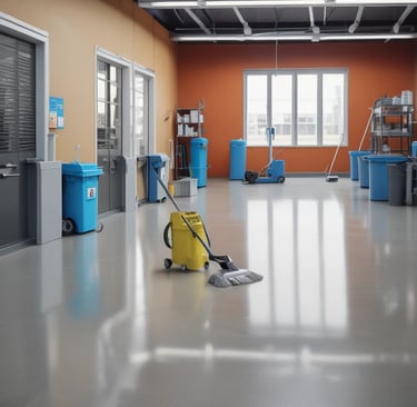 A friendly cleaning professional in uniform smiling while holding cleaning supplies inside a spotless living room.