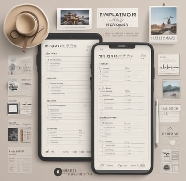 A neatly arranged daily travel planner page with sections for schedule, meals, and notes.