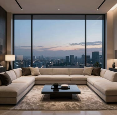 Ein minimalistisches Luxus-Ambiente (z.B. ein Blick aus einem Penthouse bei Dämmerung).