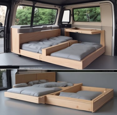 Custom wooden campervan cabinets installed inside a van with sunlight streaming through the windows