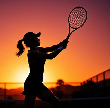 Tennis in action with sunset