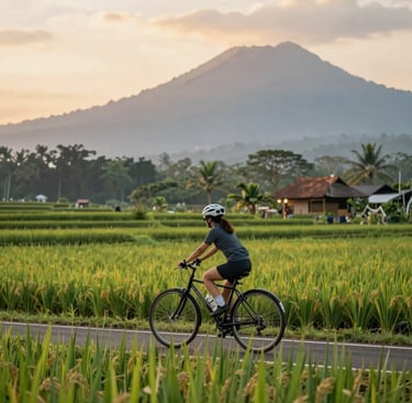 A group of tourists enjoying a scenic ride through lush rice terraces on motorcycles.