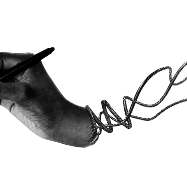 Surreal black and white digital art of a hand holding a stylus pen with a wrist turning into rope.