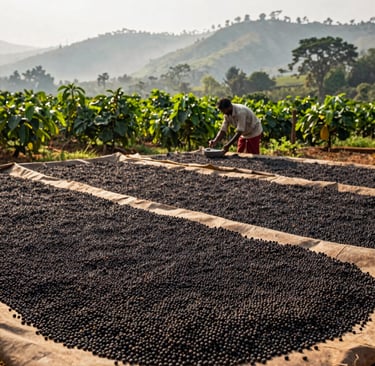 Traditional drying racks with spices spread under the warm sun, surrounded by verdant hills.