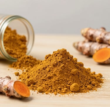 Golden turmeric powder spilling gently from a handcrafted clay bowl onto coarse linen.