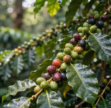 A serene misty hill landscape at dawn with lush green spice farms stretching into the distance.