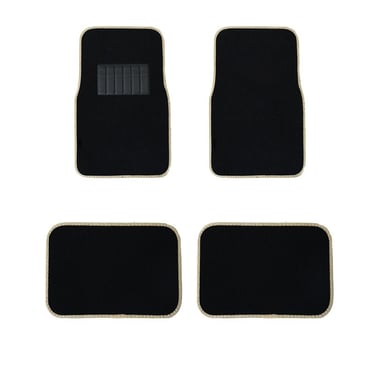 A four-piece set of black carpet car floor mats with tan trim and a protective driver-side heel pad.
