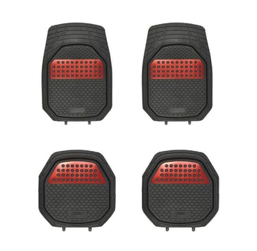 A set of four heavy-duty black and red rubber car floor mats for all-weather vehicle protection.