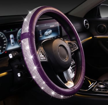Purple leather car steering wheel cover with sparkling crystal rhinestones for interior car decoration.
