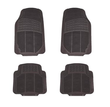 A set of four heavy-duty black rubber car floor mats designed for all-weather protection.