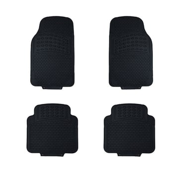 A set of four black rubber car floor mats designed to protect vehicle interiors from dirt and spills, ensuring durability