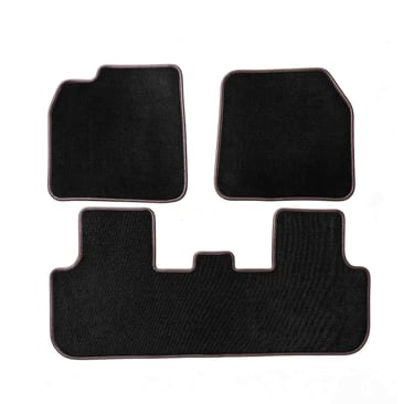 A set of three black custom car floor mats with red stitching for interior vehicle protection.
