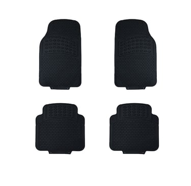A set of four heavy-duty black rubber car floor mats with textured all-weather grip for vehicle protection.