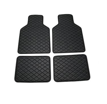 A set of four black diamond-stitched leather car floor mats for vehicle interior protection.