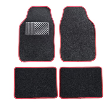 Four-piece set of black carpet car floor mats with red trim and a reinforced heel pad for interior vehicle protection.