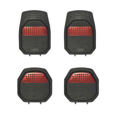 A four-piece set of heavy duty black rubber car floor mats with red metallic inserts for vehicle interior protection.