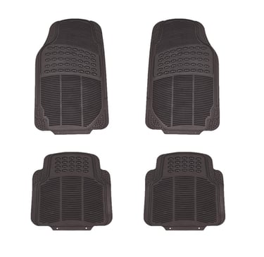 A set of four heavy-duty black rubber car floor mats designed for all-weather vehicle interior protection.